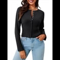 thumbnail image 1 of Suéteres Cortos para Mujer, con Botones, Larga, Cuello en V, Punto Acanalado, Corte Ajustado, Tops Cortos Negro S, 1 of 10