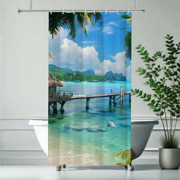 RKSupls Window Tropical Beach Paradise Waterproof Shower Curtain Polyester Shower Curtain with Hooks for Chic Elegant Home Bathtub Bathroom Decor Washable