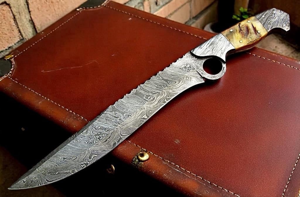 RG-213 Handmade Damascus Steel 15 Inches Bowie Knife - Beautiful Lamb Horn Handle with Damascus Steel Bolsters