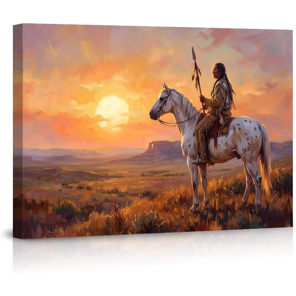 Indigenous Rider on Spotted Horse Canvas Wall Art Majestic Sunset Desert Landscape Fine Art Print Western Artwork Home Decor for Living Room Bedroom Office