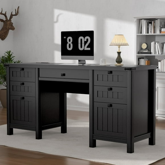 FIAKOA 62" Executive Desk, Modern Farmhouse Computer Desk with Drawers & Cabinet,Home Office Desk Writing Workspace for Work Study,Black