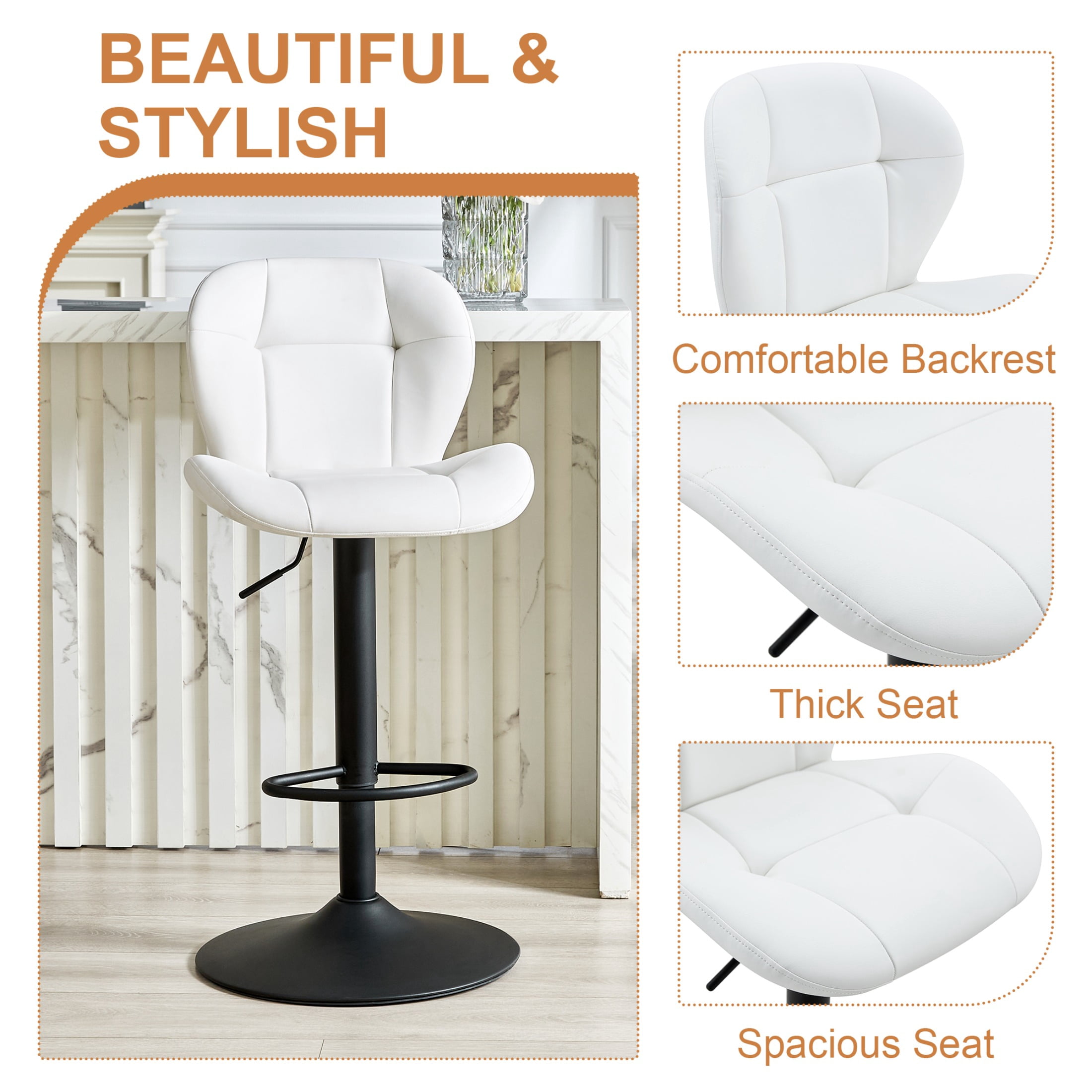 Bar Stools Set of 2, White PU Leather Upholstered Adjustable Swivel Barstools, Adjustable Height Bar Chairs with Black Metal Base & Footrest for Kitchen Island, Pub, Bar