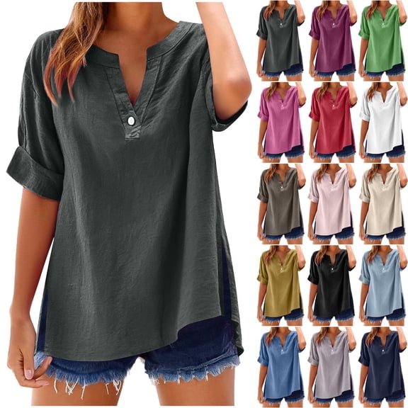 Danhjin Tunic Oversized Tops for Women Plus Size Short Sleeve V Neck Pullover Shirts Lightweight Casual Comfy Loose Fashion Going out Blouses