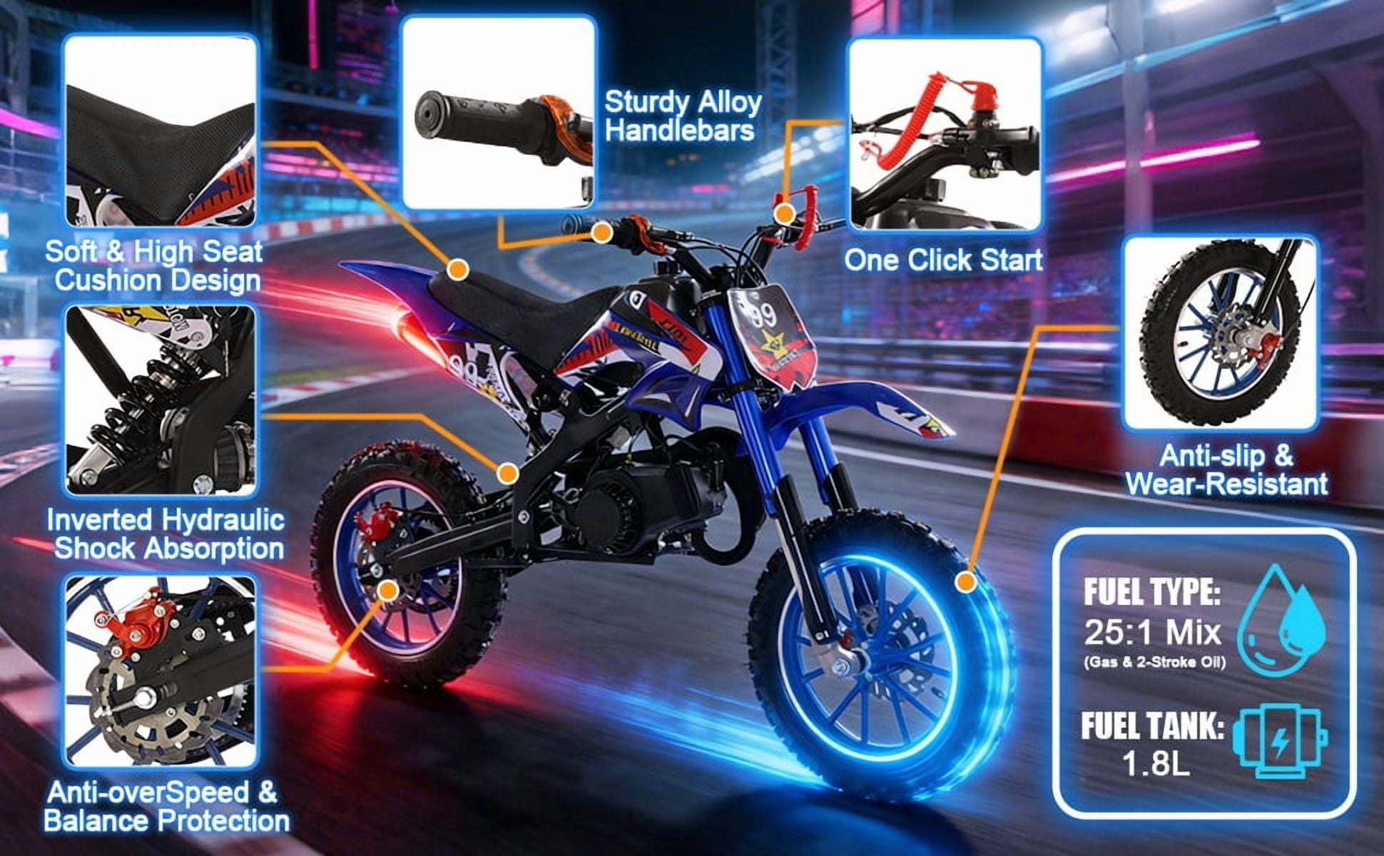 Mohsoe Gas Powered Mini Motocross 49cc 2-Stroke, Youth Dirt Bike with Front & Rear Disc Brakes, 10 Inch Off-Road Tires, Hand-Pull Start, 1.8L Fuel Tank, Max Load 150kg, Max Speed 40KM/H
