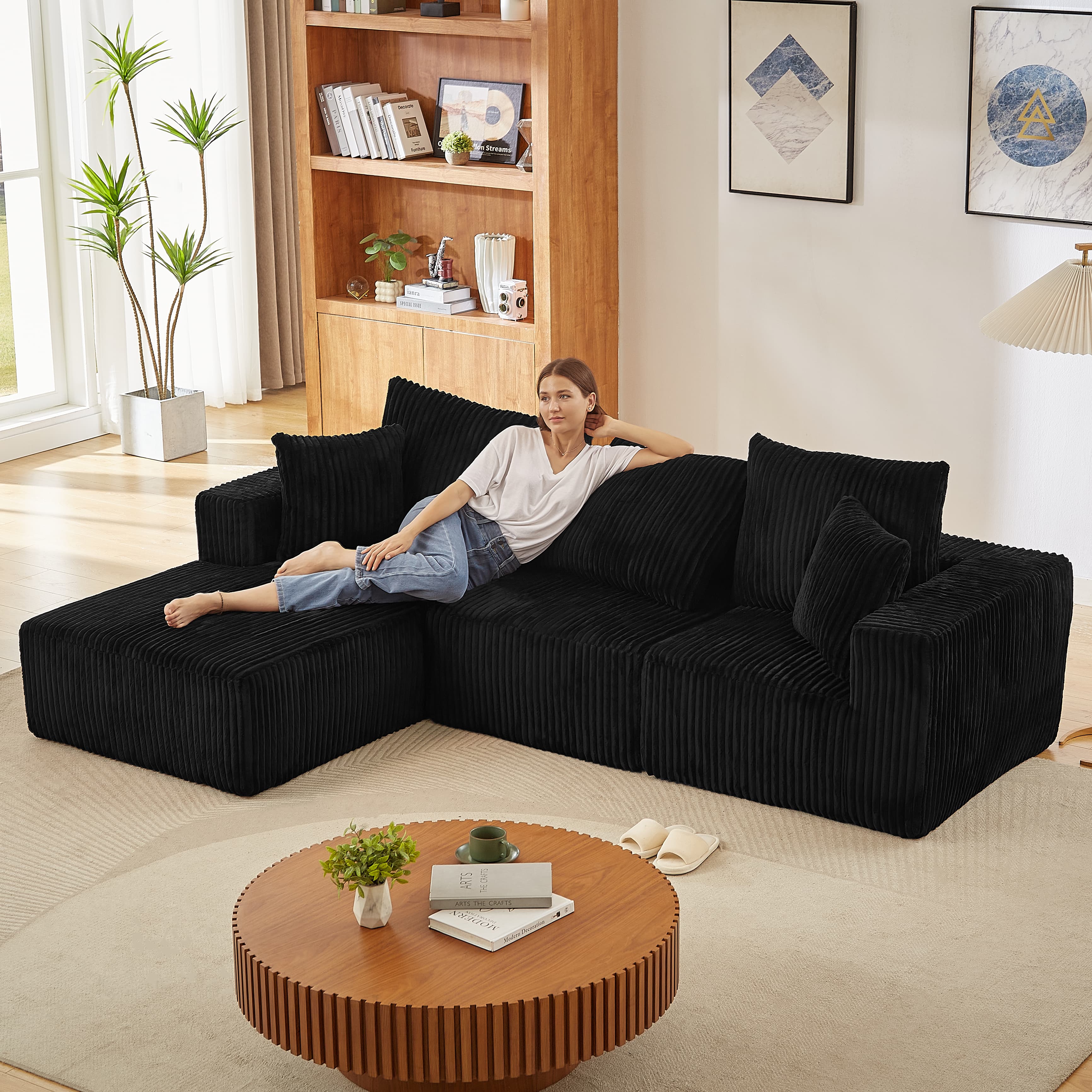 MAYEERTY Corduroy Cloud Sectional Sofa with Deep Seat, Modern Modular Couches for Living Room, 103*66*24"Black