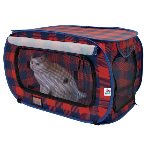 SP Holiday Plaid Pop Open Kennel, Red and Blue