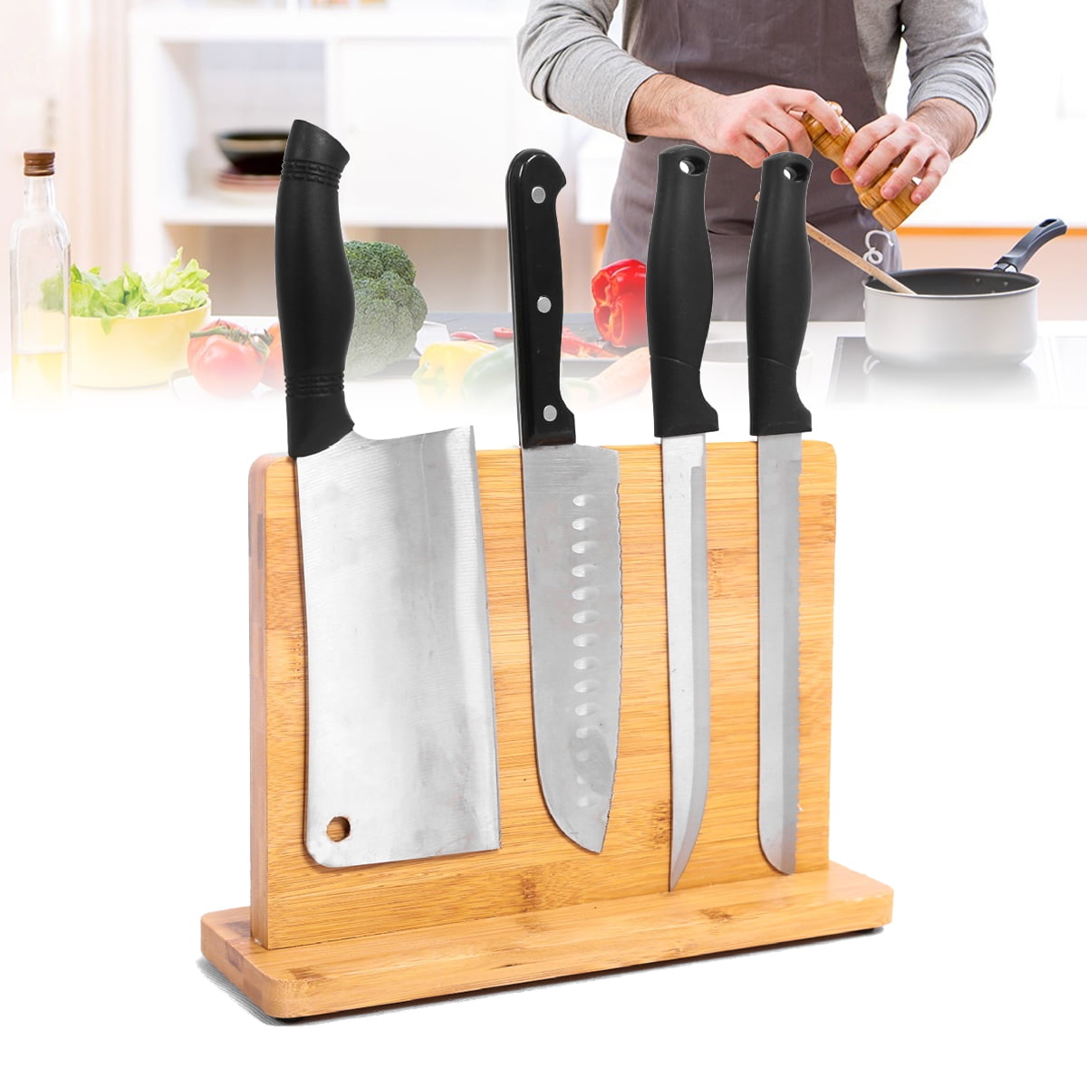 Knife Holder Bamboo Wood Double Side Organizer Block Rack