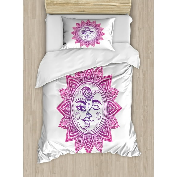Sun Duvet Cover Set Twin Size, Ethnic Vintage Floral Design Heavenly Bodies Oriental Celestial Elements, Decorative 2 Piece Bedding Set with 1 Pillow Sham, Purple Hot Pink White, by Ambesonne