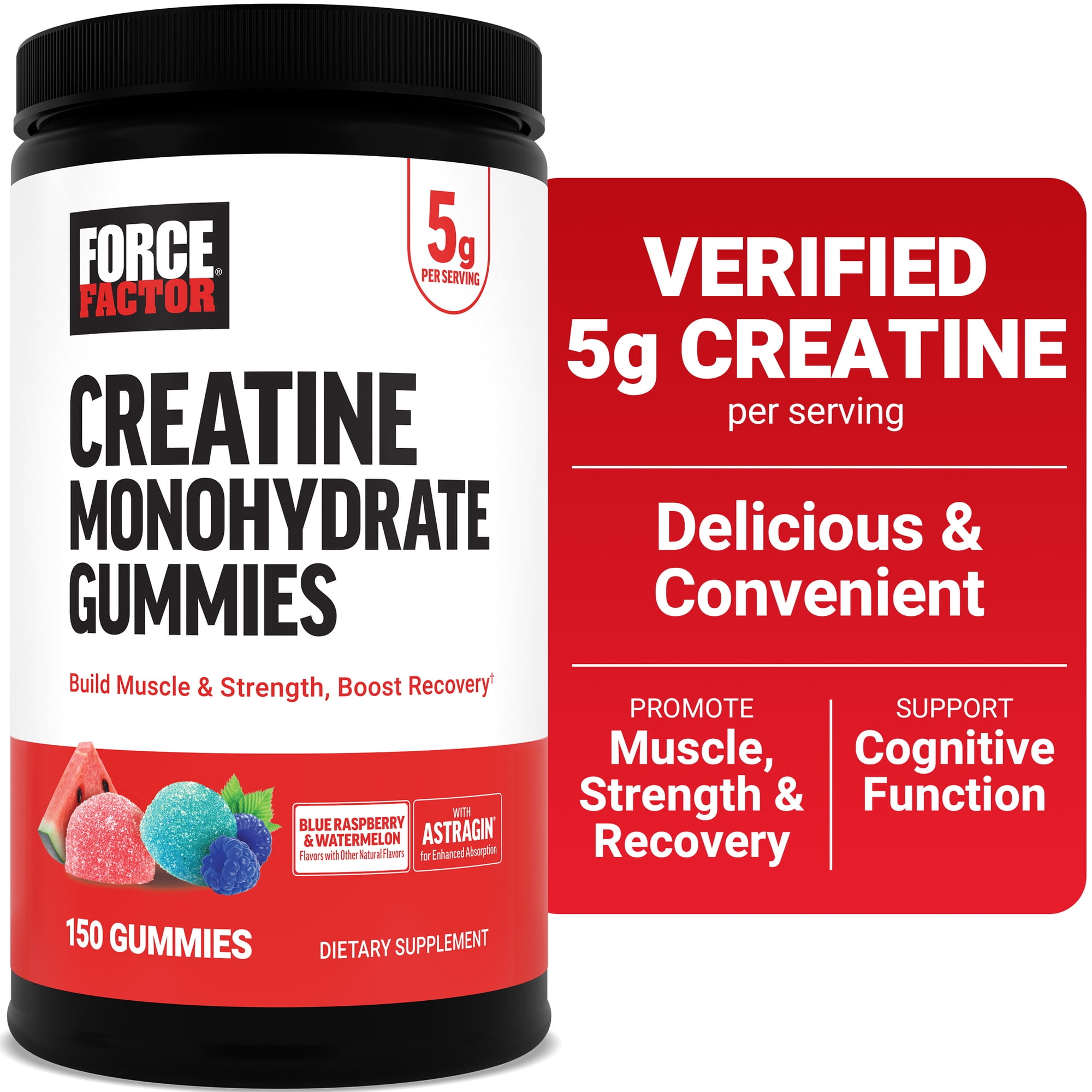 Force Factor Creatine Monohydrate Gummies, 5g Dose for Men & Women to Support Muscle, Strength, Recovery, Cognitive Health & Memory, Blue Raspberry Watermelon, 150 Gummies