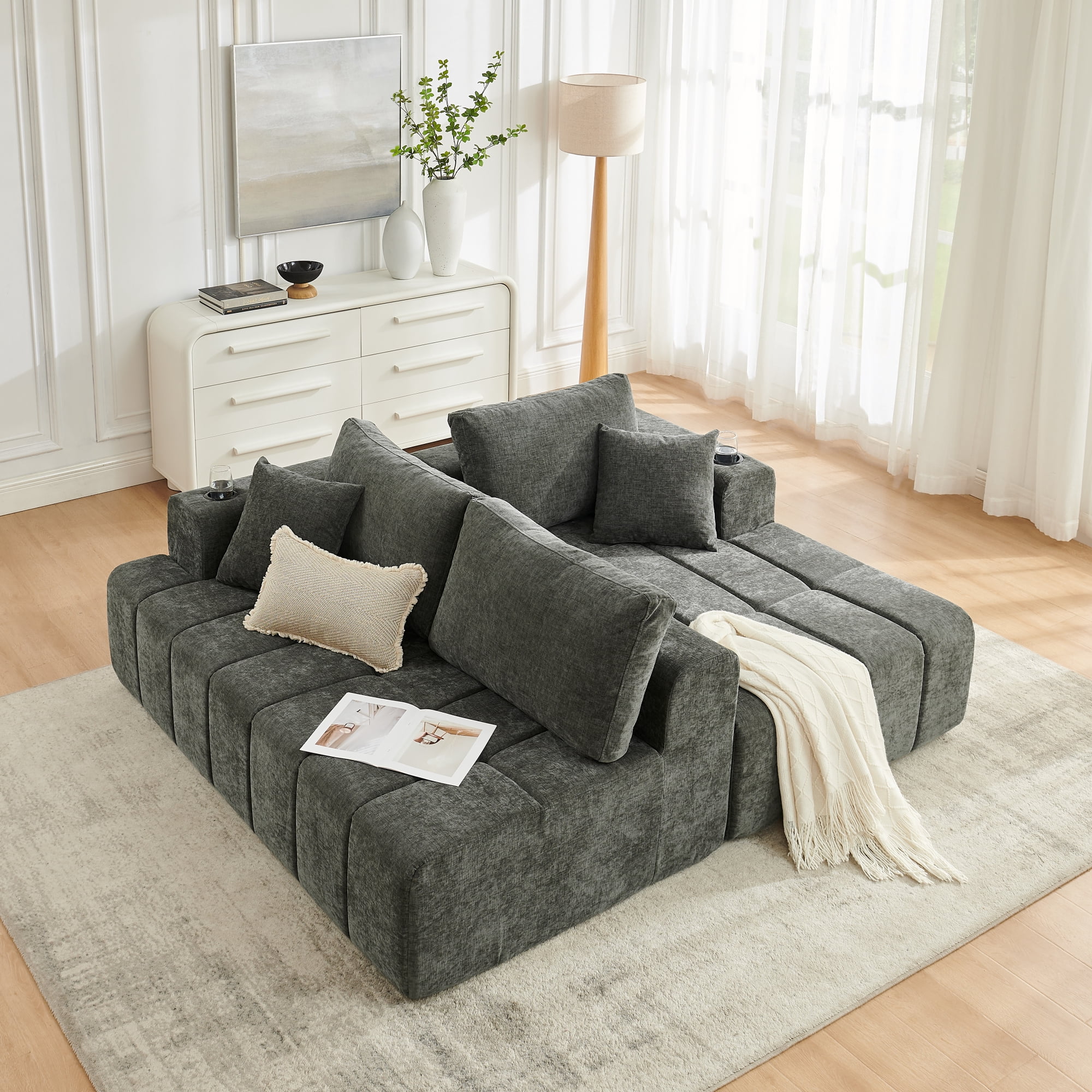 Leumius 108" L-Shaped Sectional Sofa,Chenille Boneless Couch, Modern 3-Seat Upholstered Cloud Couch Sectional with Deep Seat and Cup Holders for Living Room,No Assembly Required,Dark Gray