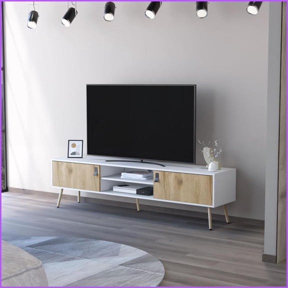TV Furniture, Kimball 70” Modern TV Rack with Drawers & Shelves, White/Macadamia | Modern | TV Furniture 70 inches