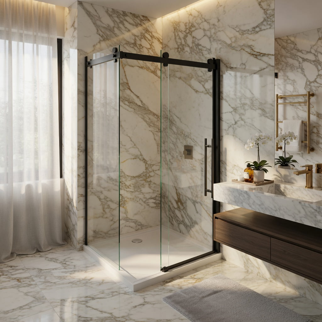 Hommoo 48" W x 72" H Frameless Single Sliding Shower Door, 1/4" Tempered Clear Glass, Aluminum Rail & Stainless Steel Handle, Adjustable Width (46.8–48"), Reversible Installation, Black & Transparent