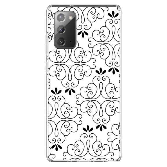 DistinctInk Clear Shockproof Hybrid Case for Samsung Galaxy Note 20 (6.7" Screen) - TPU Bumper, Acrylic Back, Tempered Glass Screen Protector - Black White Floral Pattern