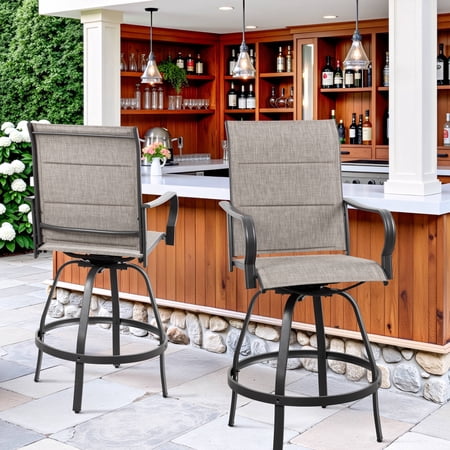 Walsunny Patio Swivel Bar Stools Set of 2, Outdoor Bar Height Patio Stools & Bar Chairs with High Back and Armrest for Backyard, Lawn Garden, Balcony and Pool , Gray