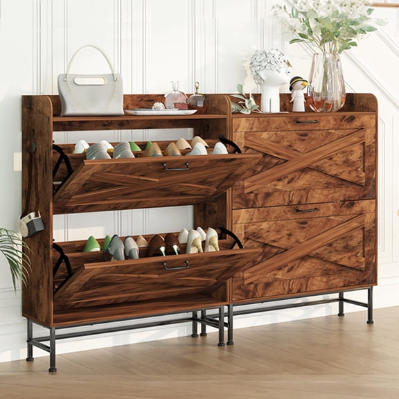 Walsport Barn Door Shoe Storage Cabinet with 2 Flip Drawers(10*32*42")