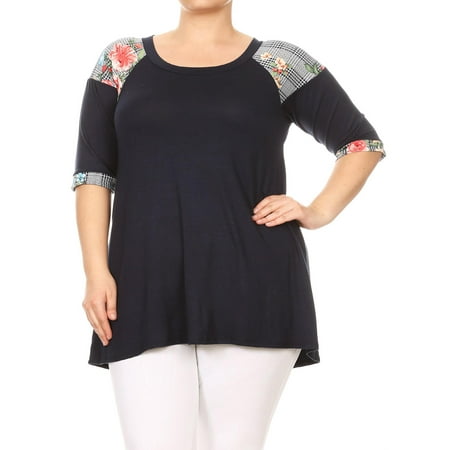 Casual Moments Collection - MOA COLLECTION Women's Plus Size Solid Casual Plaid Block Shoulder 3/4 Sleeve Tunic Top Shirt