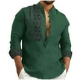 thumbnail image 2 of WREESH Men's Henley Shirt Cotton and Linen Shirts Long Sleeve Printing Button Shirt Tops Green, 2 of 7