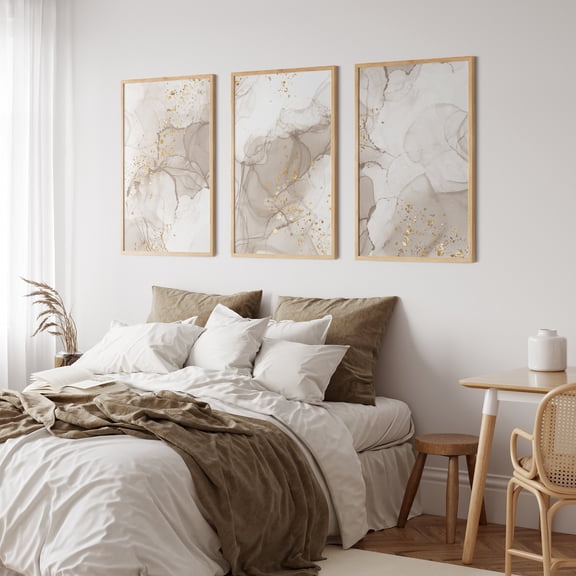 2D Flat, 2D Flat Beige Bedroom Mural, Marble Print Canvas Art, 3pcs Set, Bedroom Wall Decor, Living Room Decoration, Beige, Golden, Mural, Poster Gift, 2D Flat