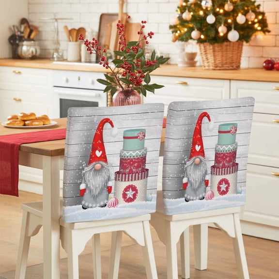 Christmas Dwarfs Chair Covers Set of 4 Winter Gnomes with Hat Xmas Boxs Wood Grain Chair Back Covers Stretch Removable Washable Slipcovers Protector for Dining Room Kitchen Party Decor