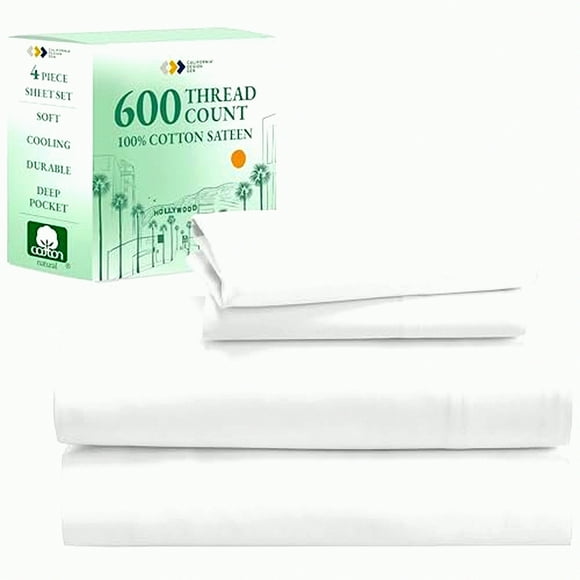 Ensemble de Draps en Satin de Coton de Luxe - 600 Fils, Literie de Qualité Hôtelière avec Draps-Housses et Plats à Poches Profondes - Blanc, Ensemble de 4 Pcs