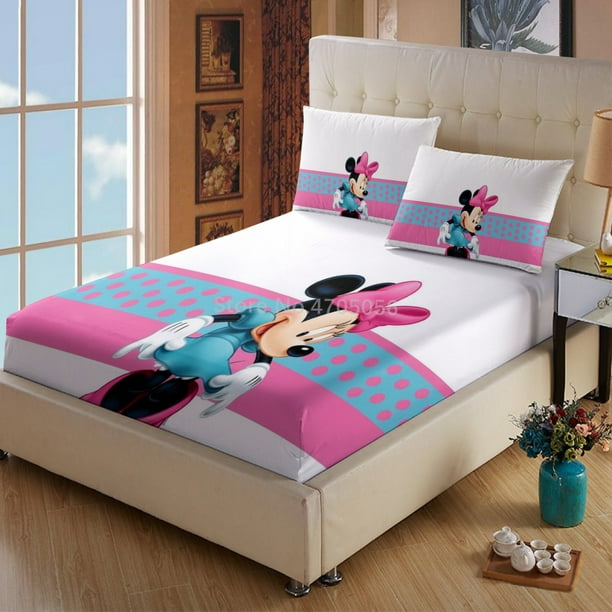 Mickey Minnie Mouse Fitted Sheet with Pillowcase Cartoon Bedding