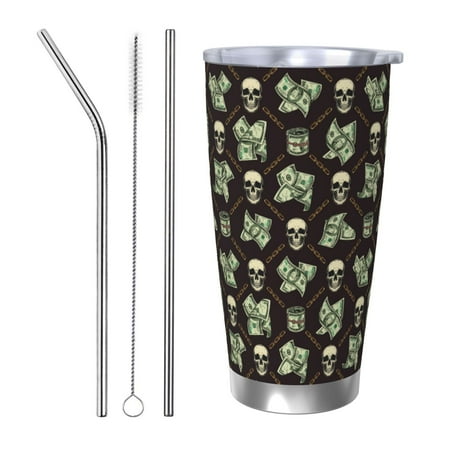 

Zeuib Skulls Gold Chains Dollar Printed 20oz Stainless Steel Insulated Car Cup Stainless Steel Thermal Cup Vacuum Insulated Leak-proof Travel Mug Cup-Straw Three-piece Set