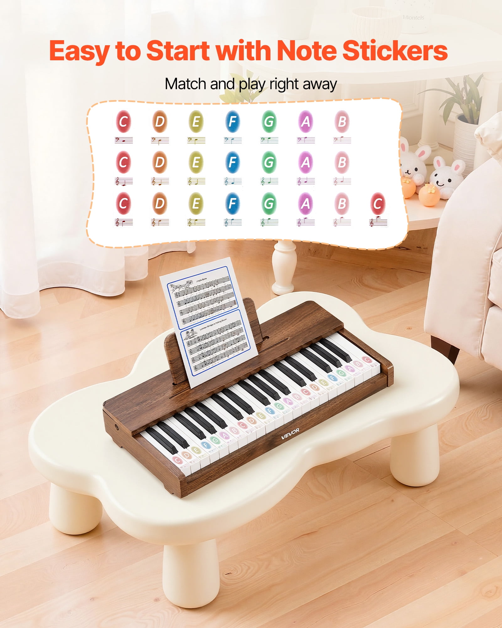 VEVOR Kids Piano Keyboard, 37 Keys Wooden Digital Piano for Kids, Mini Music Educational Instrument Toy with Realistic Sound, Dual Power, Adjustable Volume for Toddlers, Boys Girls Learning,Walnut