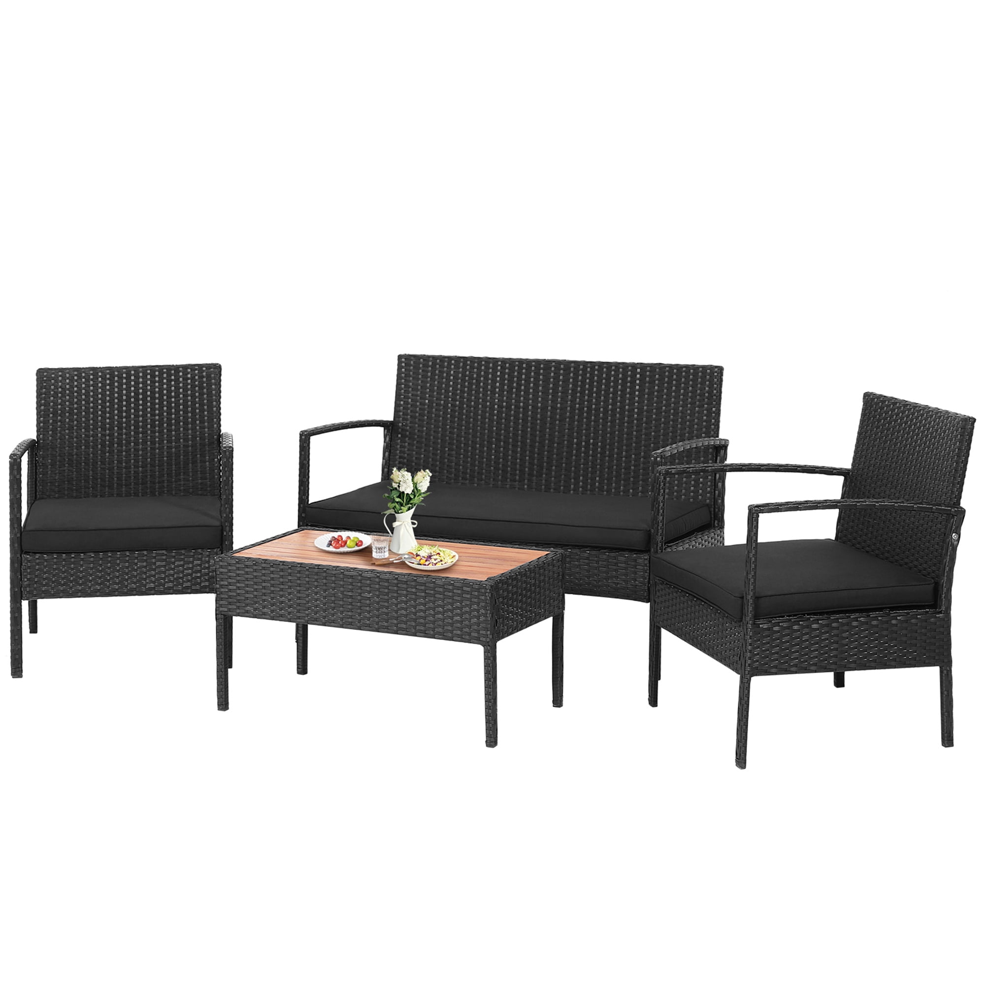 Gymax 4PCS Rattan Patio Conversation Furniture Set Outdoor Sofa Set w/ Black Cushions