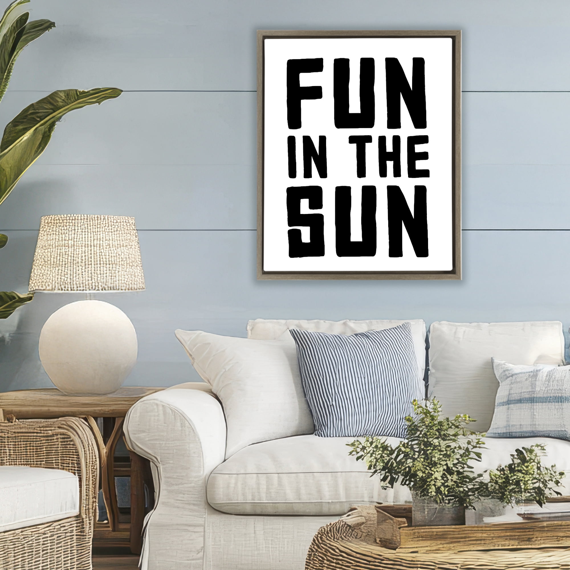 Fun In Sun Simple Sentiment Brown Framed Floater Canvas Wall Art, design by Lettered and Lined