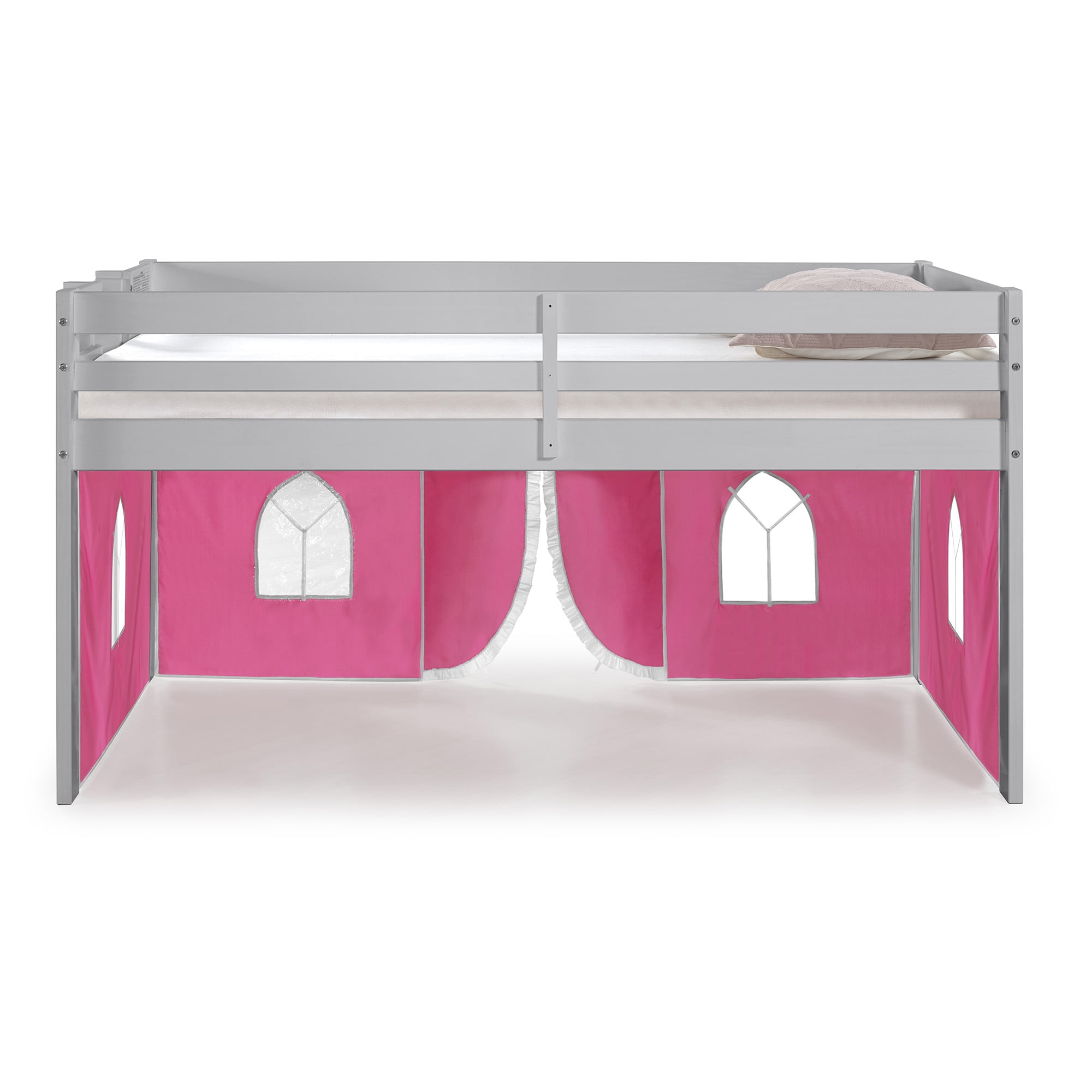 Alaterre Furniture Jasper Twin Junior Loft Bed, Dove Gray Frame and Pink/White Bottom Playhouse Tent