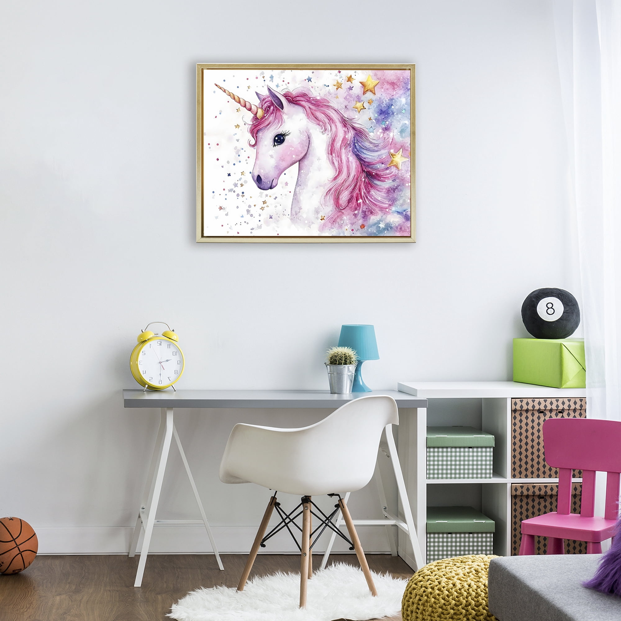 Stupell Industries Pink Mane Unicorn with Stars Gold Framed Floater Canvas Wall Art, design by Creative Studio