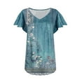thumbnail image 4 of Womens Tops Dressy Floral Printed Short Sleeve V Neck T-Shirts Elegant Pleated Summer Shirts Tops Loose Blouses Casual V Neck Bohemian Blouses, 4 of 5