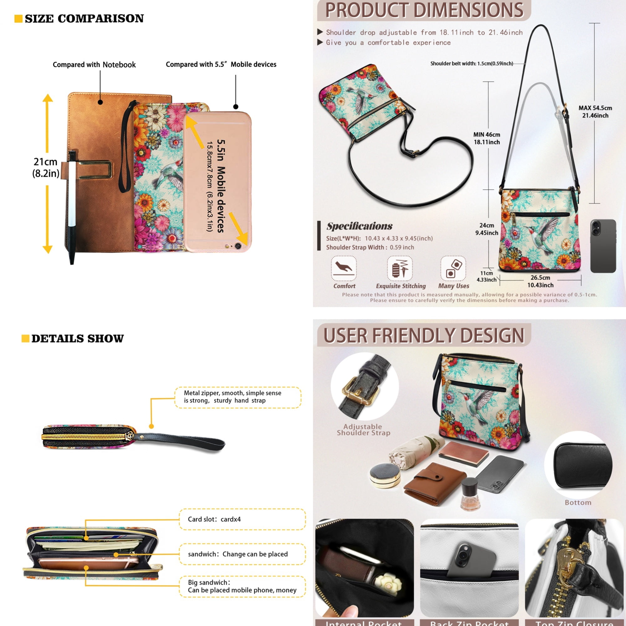 ZUXONGSY Boho Mandala Hummingbird Print Women's Multi-Pocket PU Leather Crossbody Hobo Purse & Wallet Set, Adjustable Strap, Ideal for Travel & Casual Outings