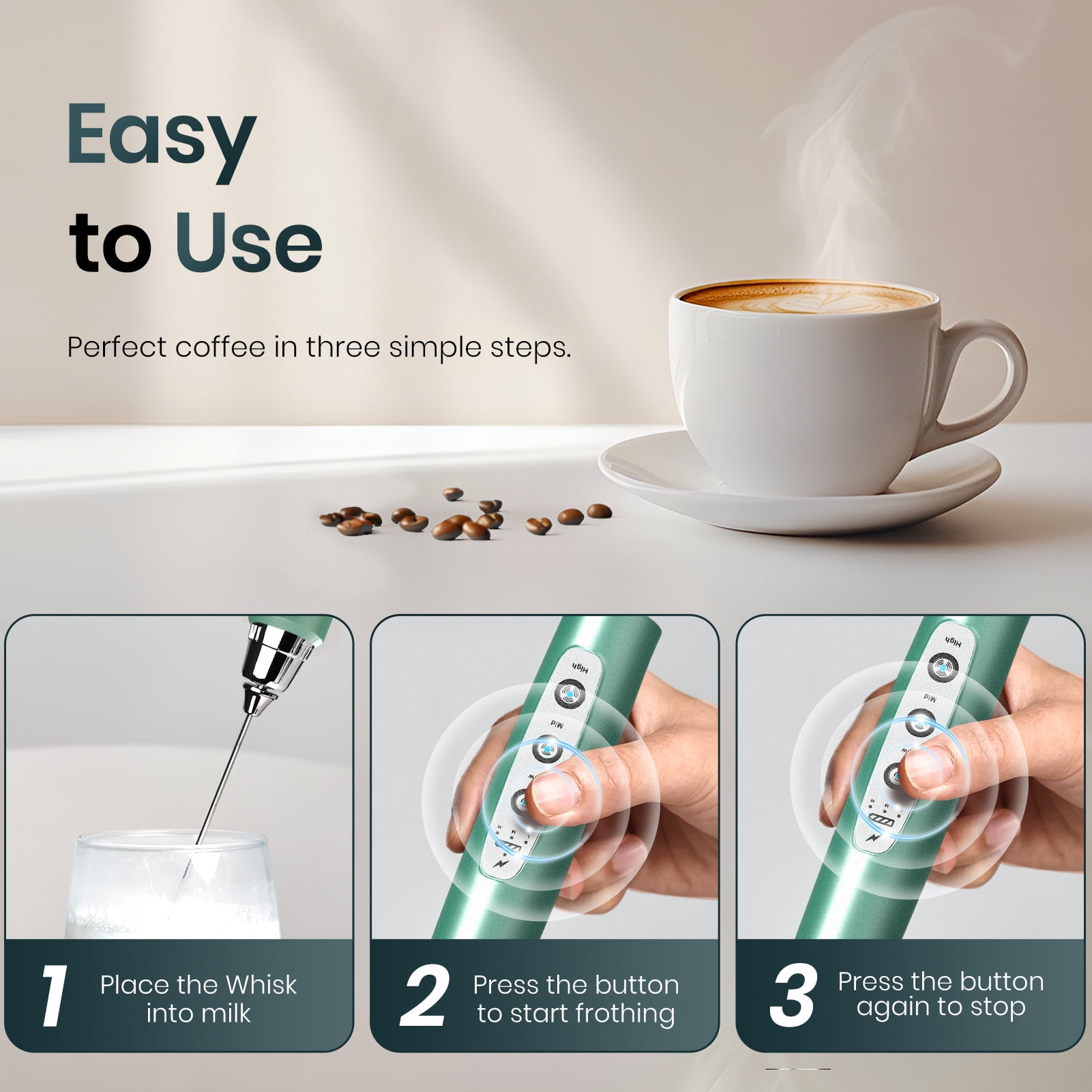 Green Handheld Milk Frother Wand with Stand for Coffee, Rechargeable Electric Whisk with 3 Heads 3 Speeds Drink Mixer Coffee Frother For Latte, Cappuccino, Hot Chocolate, Egg