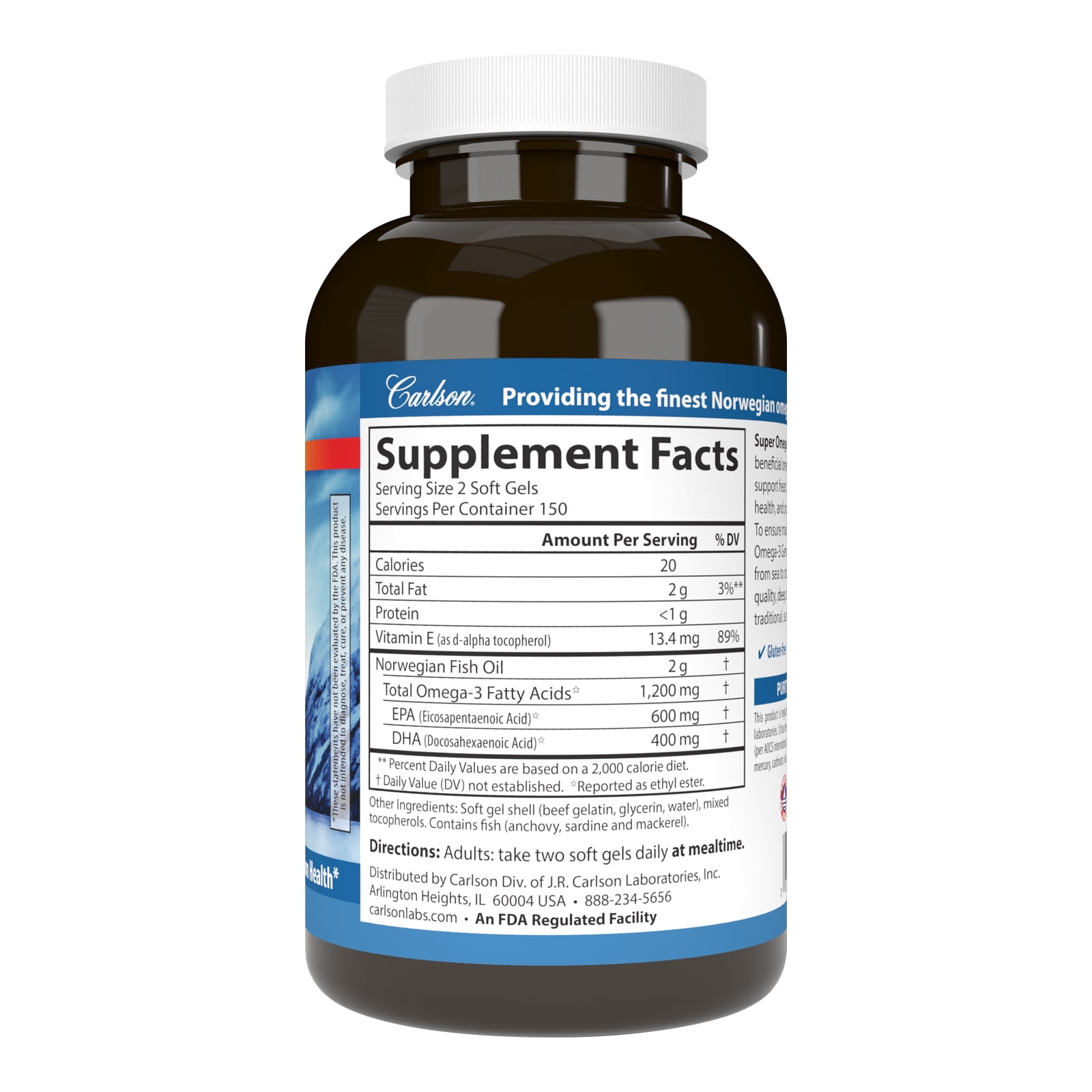 Carlson Labs - Norwegian Super Omega-3 Gems Fish Oil Concentrate 1000 mg. - 300 Softgels