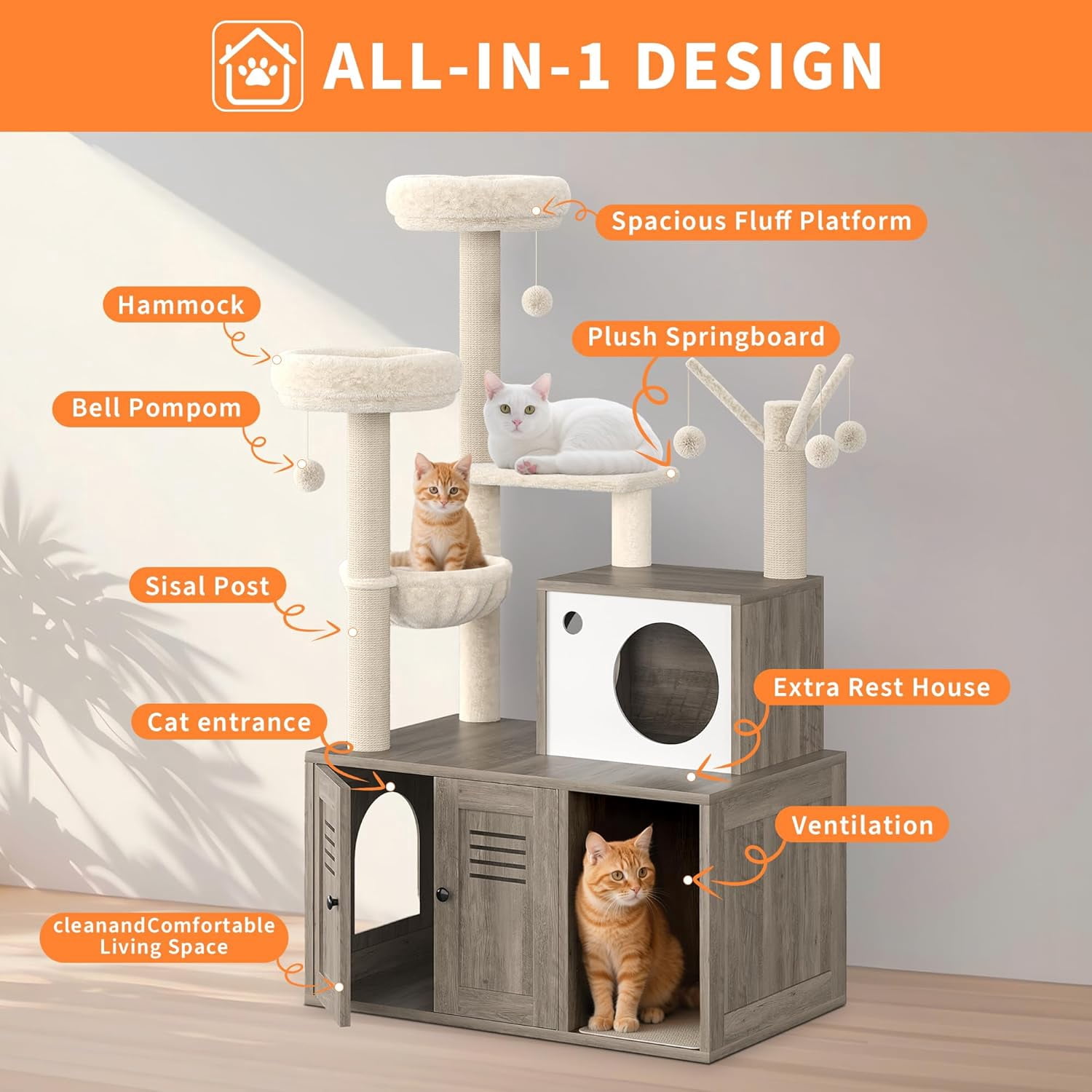 Large Cat Tree with Litter Box Enclosure,3-in-1 Cat Tower, Hidden Pet Washroom Litter Box Furniture,Wooden Multi-Level Cat Condo Furniture with Sisal Scratching Posts,Soft Plush Perch, Hammock