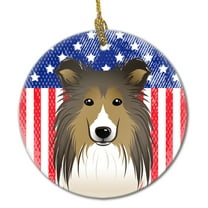 American Flag and Sheltie Ceramic Ornament