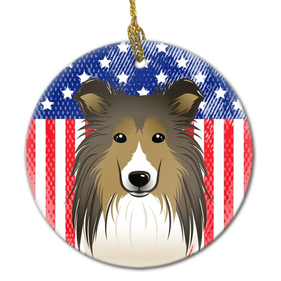 American Flag and Sheltie Ceramic Ornament
