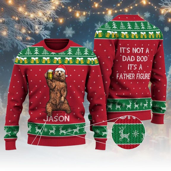 Personalized Bear Drinking Beer Ugly Christmas Sweater, It's Not A Dad Bod It's A Father Figure Christmas Sweater, Fathers Day Gift