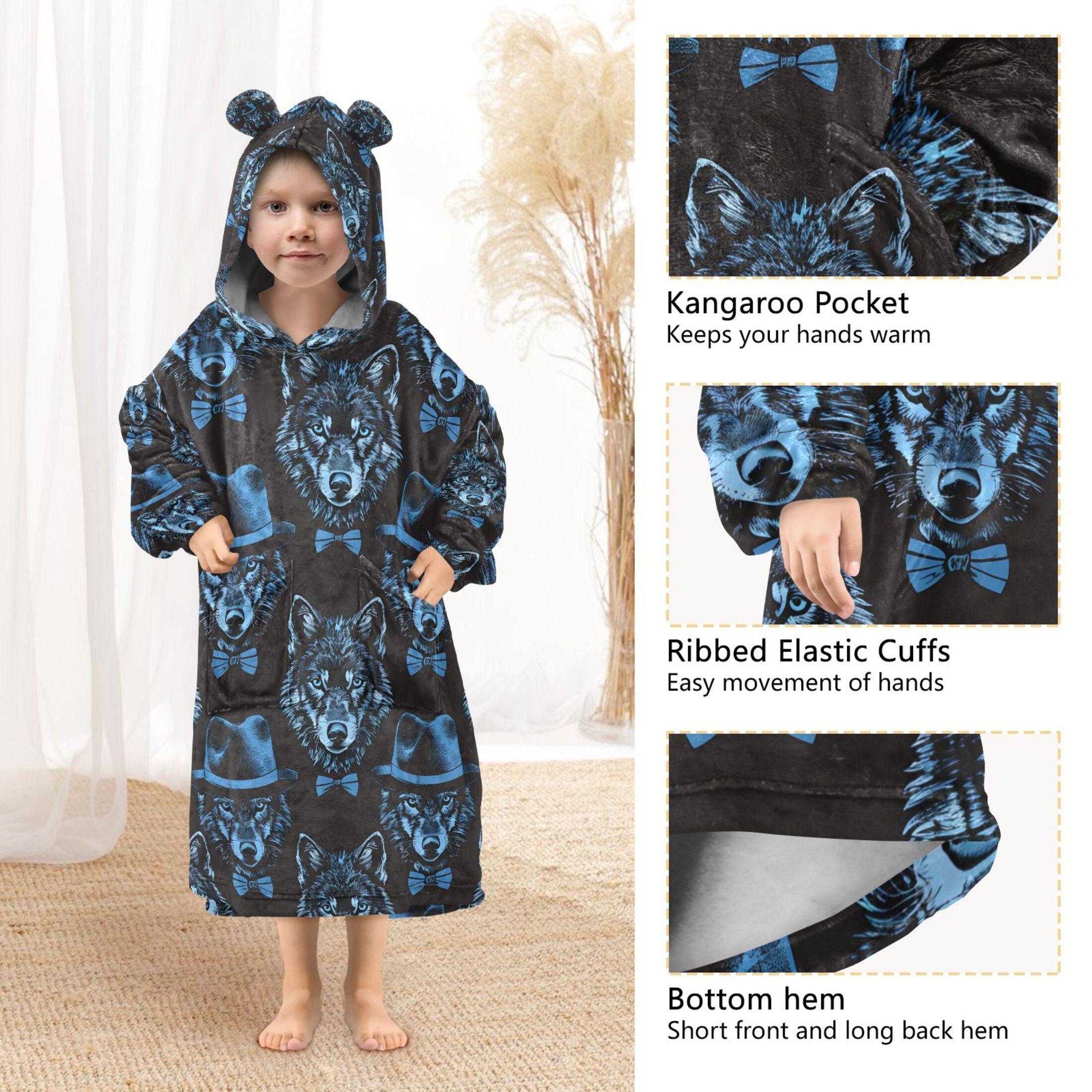 joogoo Blanket Hoodie for Blue Wolf with Hats Oversize Sweatshirt 3-14 YR L