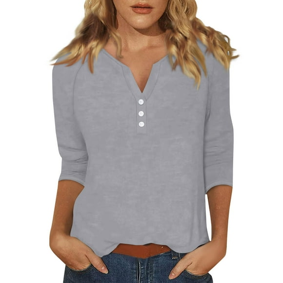 DENGDENG 3/4 Sleeve Plus Size Tops for Women Henley V-Neck Summer Tshirts Button Down Elbow Sleeve Casual Tunic Tops Business Three Quarter Length Blouse Cute Boho Clothes Light Gray L