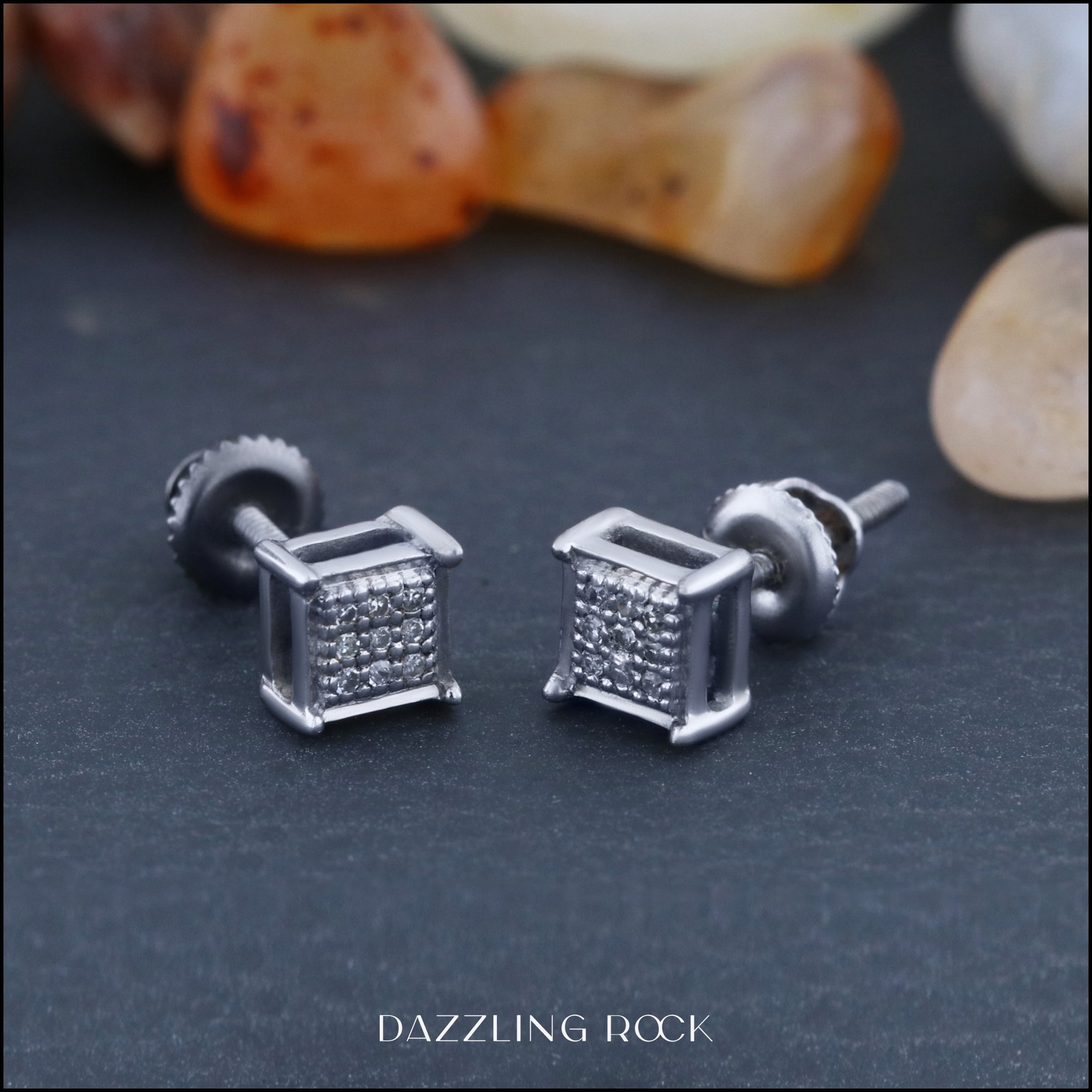Dazzling Rock Collection 0.10 CT Round White Diamond Square Stud Earrings for Men in Sterling Silver