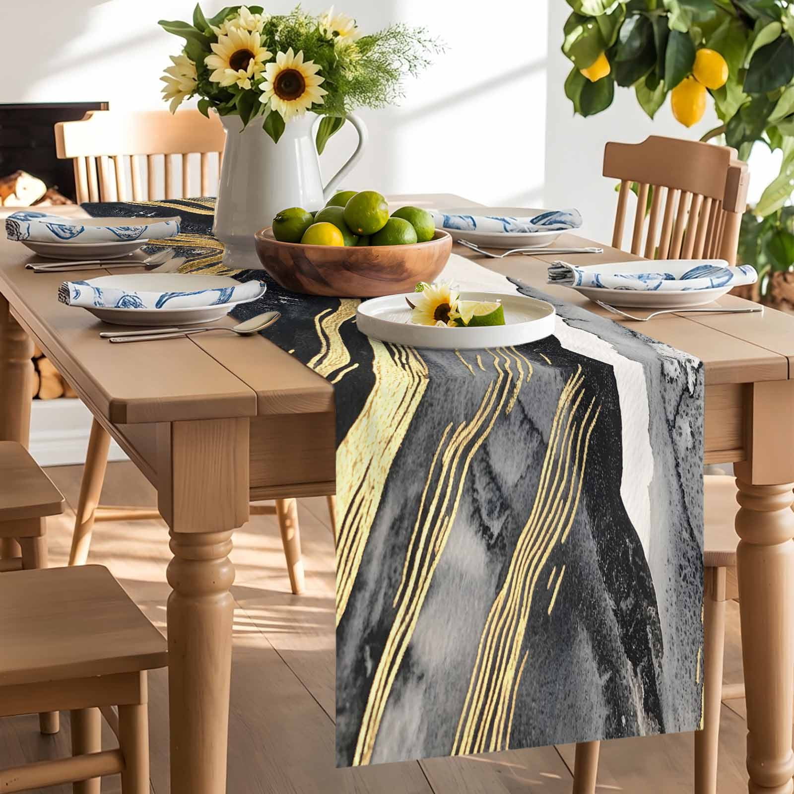 Gray Marble Abstract Stripe Table Runner 90 Inches Long, Gold Foil Modern Luxury Table Runners Tabletop Scarf Kitchen Dining Tables Decoration for Home Party Indoor Outdoor