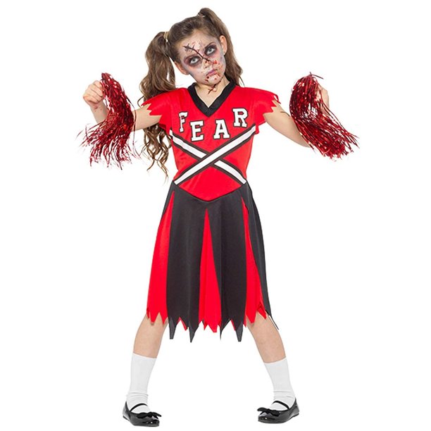Zombie Cheerleader Dress with Pom Poms for Kids Girls Halloween Party Costume, Cosplay Outfit Accessories, Medium Walmart.com