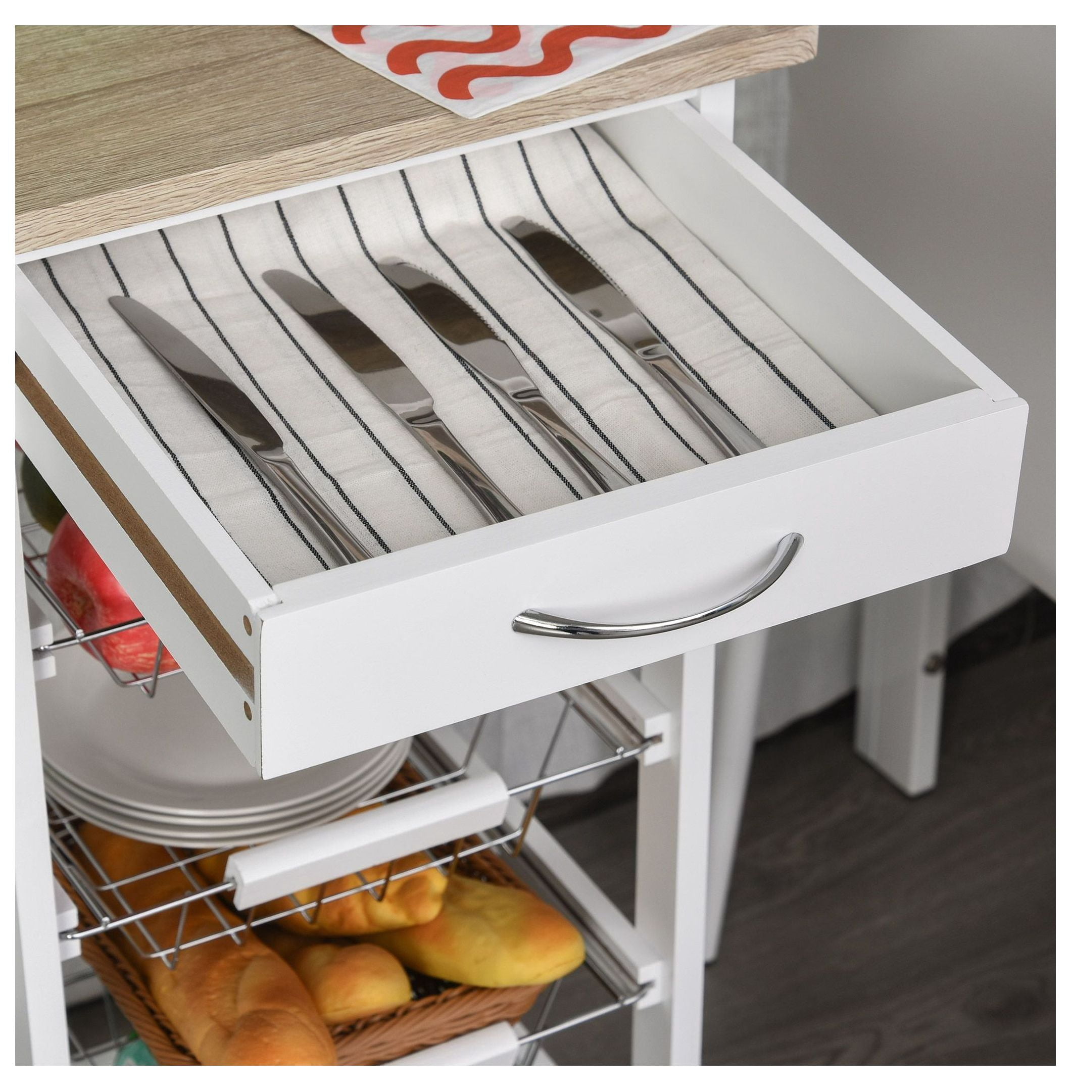 Kitchen Cart with Wheels, 32.25" Rolling Island, White Wood Storage Cart with Drawers & Baskets, Microwave Cart for Kitchen, Living Room, Bathroom