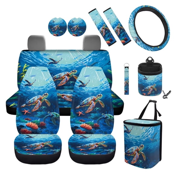 Jeiento Sea Turtle Car Seat Cover Set with Auto Steering Wheel Cover Seat Belt Strap Pads Blue Ocean Cup Holder Trash Bag Air Vent Storage Bag Keychain 12 PCS Interior Auto Accessory Decoration