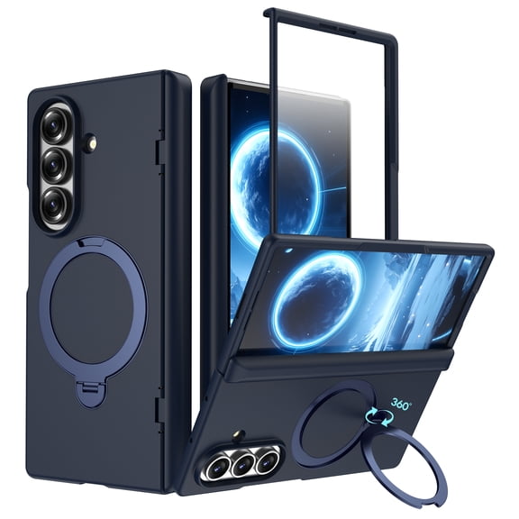 ELEHOLD Shockproof Case for Samsung Galaxy Z Fold 7, Skin-Touch Magnetic Cover with Swivel Ring Kickstand and Screen Protector, Darkblue