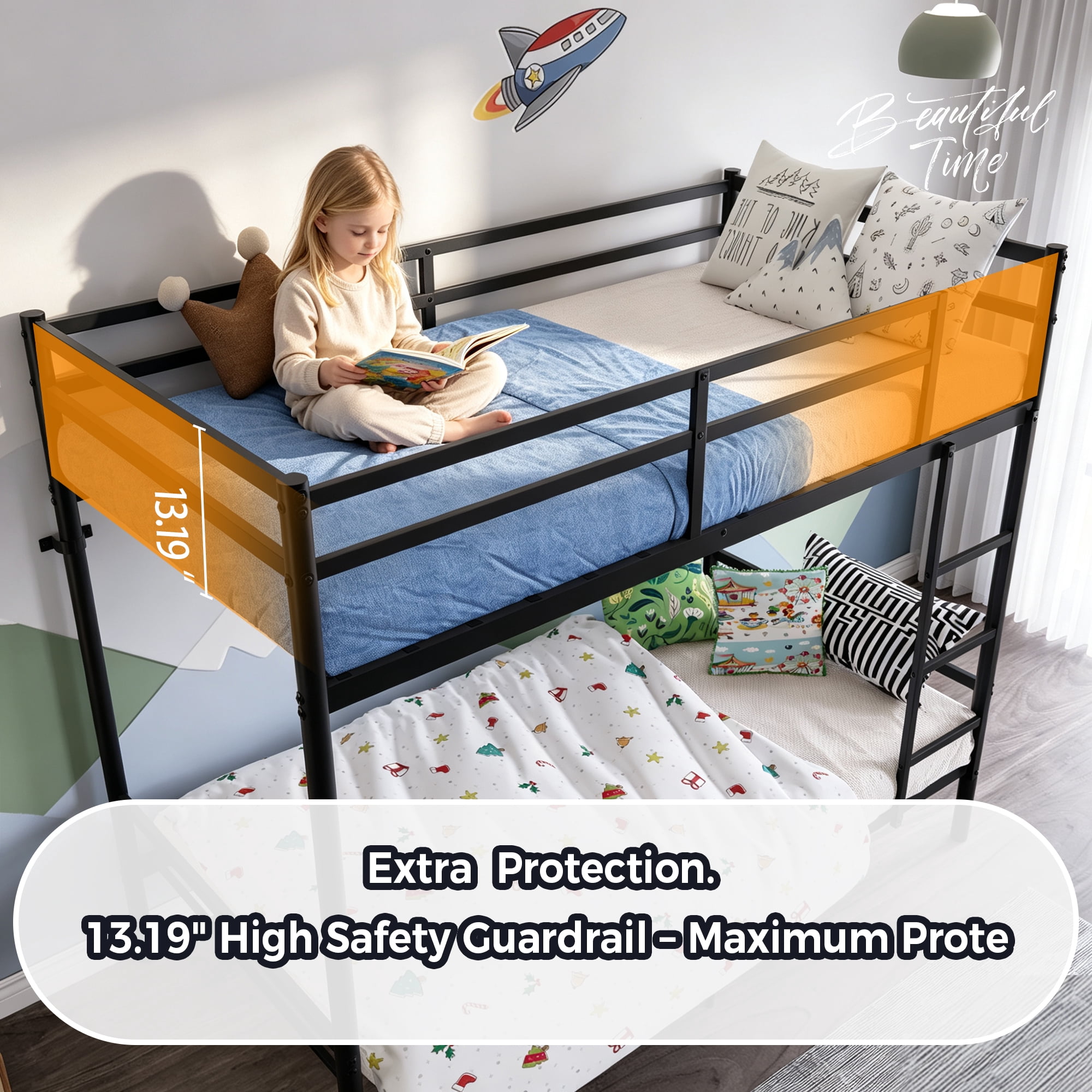 MAYEERTY Twin Over Twin Metal Bunk Bed with Ladder and High Guardrail, Space-Saving for Kids Teens Adults Bedroom Dorm, No Box Spring Needed