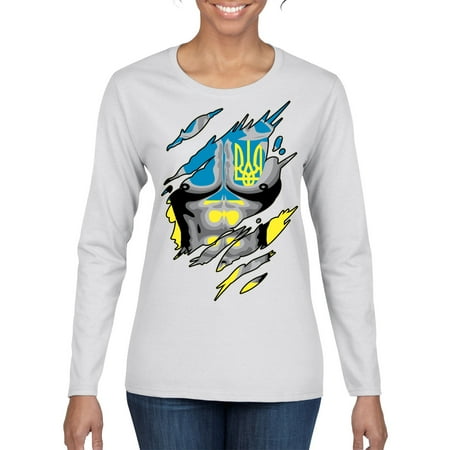 Ukrainian Muscle Skin Beast Mode Womens Graphic Long Sleeve T-Shirt  White  Medium