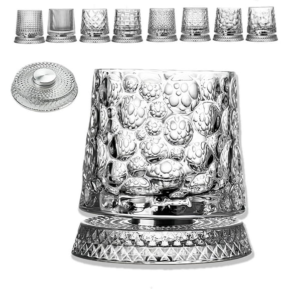 Crystal Whiskey Glasses，360 Degree Rotating Whiskey Glass, 280ML Premium Cut Glass Tumblers with Spinning Base， with Stable Decoupled Base,  Decorative Drinkware for Scotch, Bourbon (Bubble pattern)Z